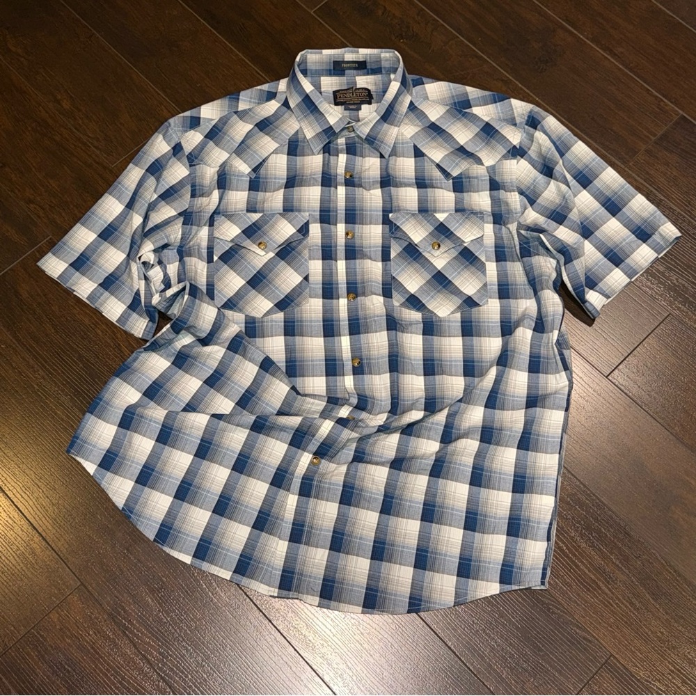 Pendleton Frontier Plaid Button Down Short Sleeved Shirt Mens Size XL Blue Read